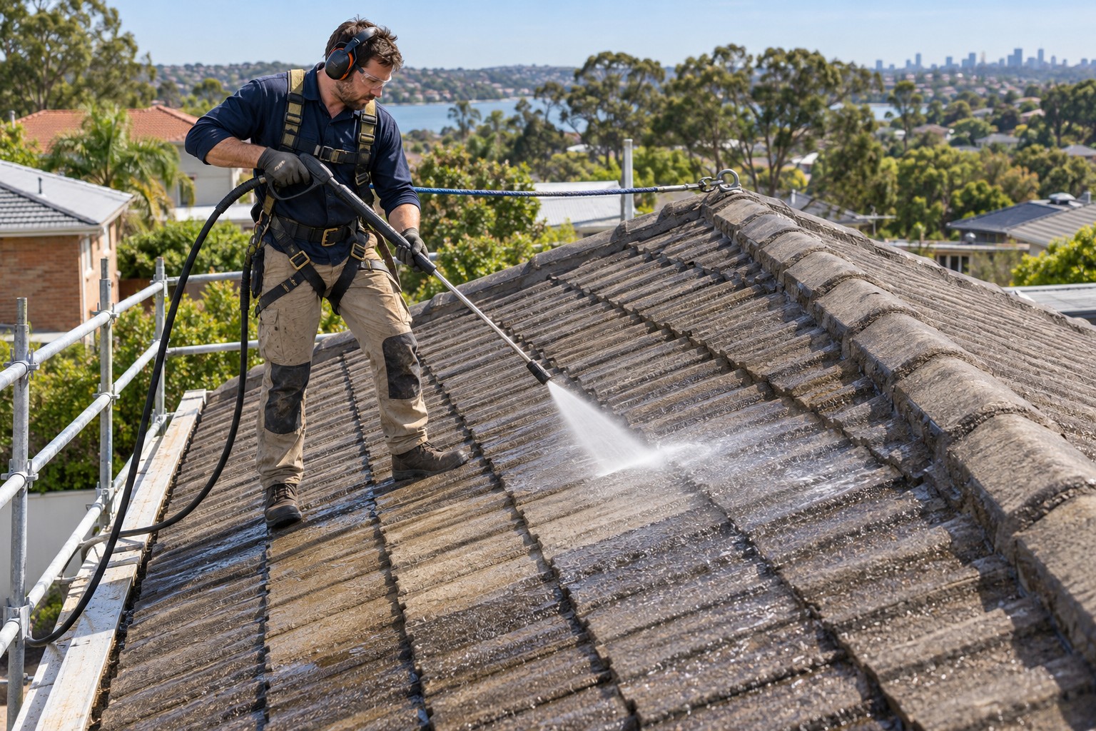 Roof pressure cleaning with a protected work area