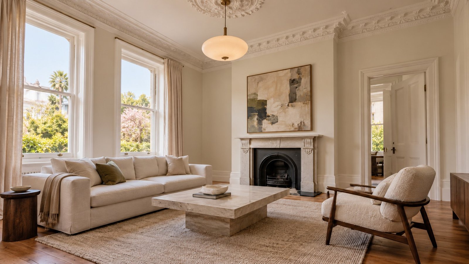Period home interior with ornate ceiling