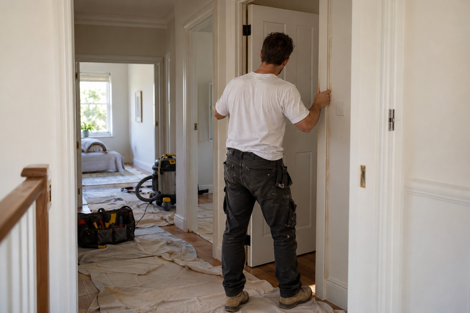 New door being installed in a residential hallway