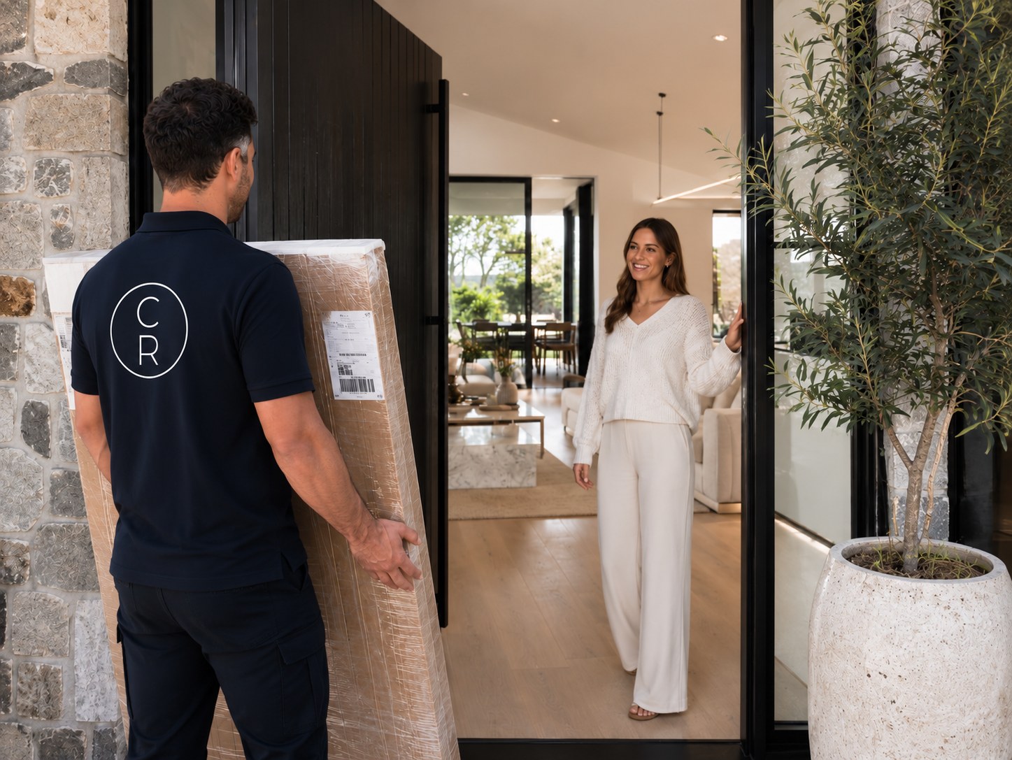 Courier Run team member delivering a wrapped piece to a client at her front door