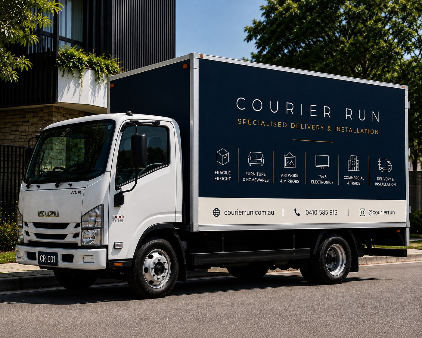 Courier Run delivery truck parked outside a modern home