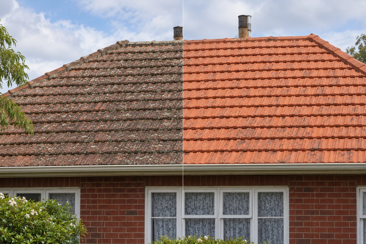 Tiled roof before and after pressure cleaning