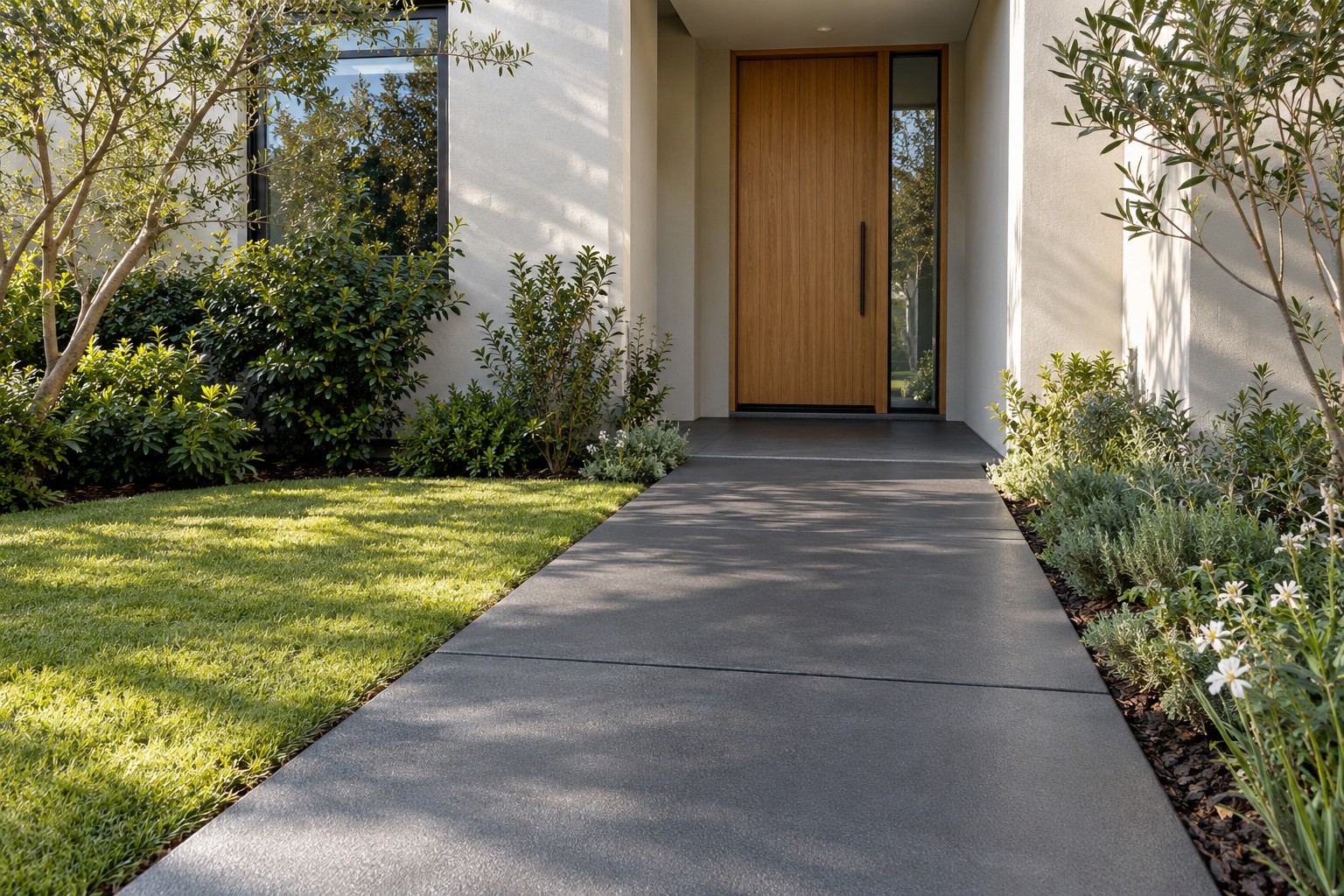 Charcoal coated path leading to a timber front door
