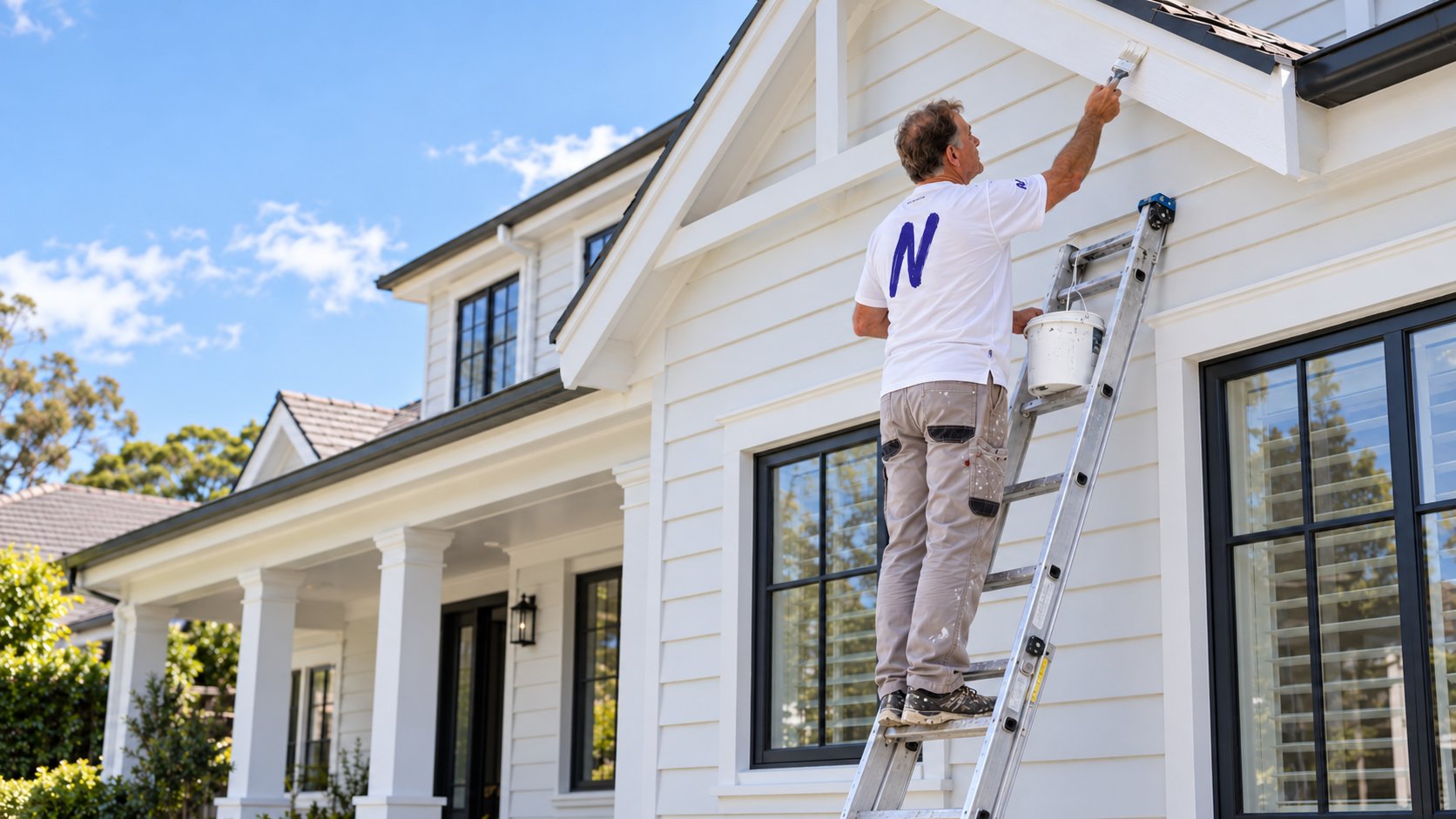 Next Coat painter on a ladder painting the gable trim of a white weatherboard home
