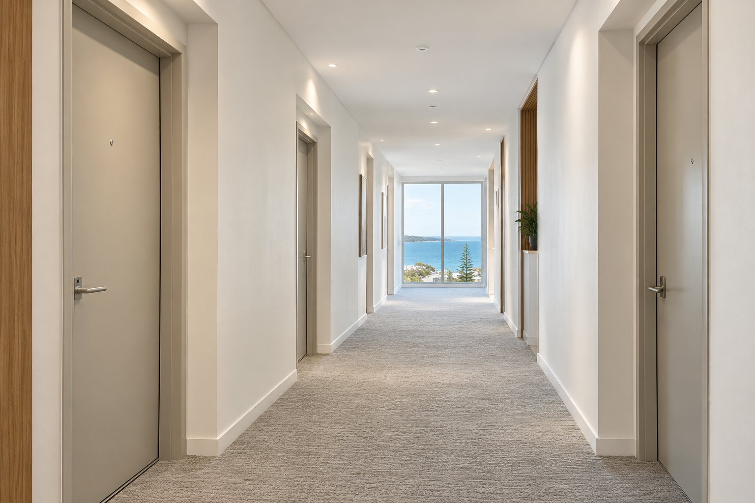 Apartment building corridor with an ocean view window