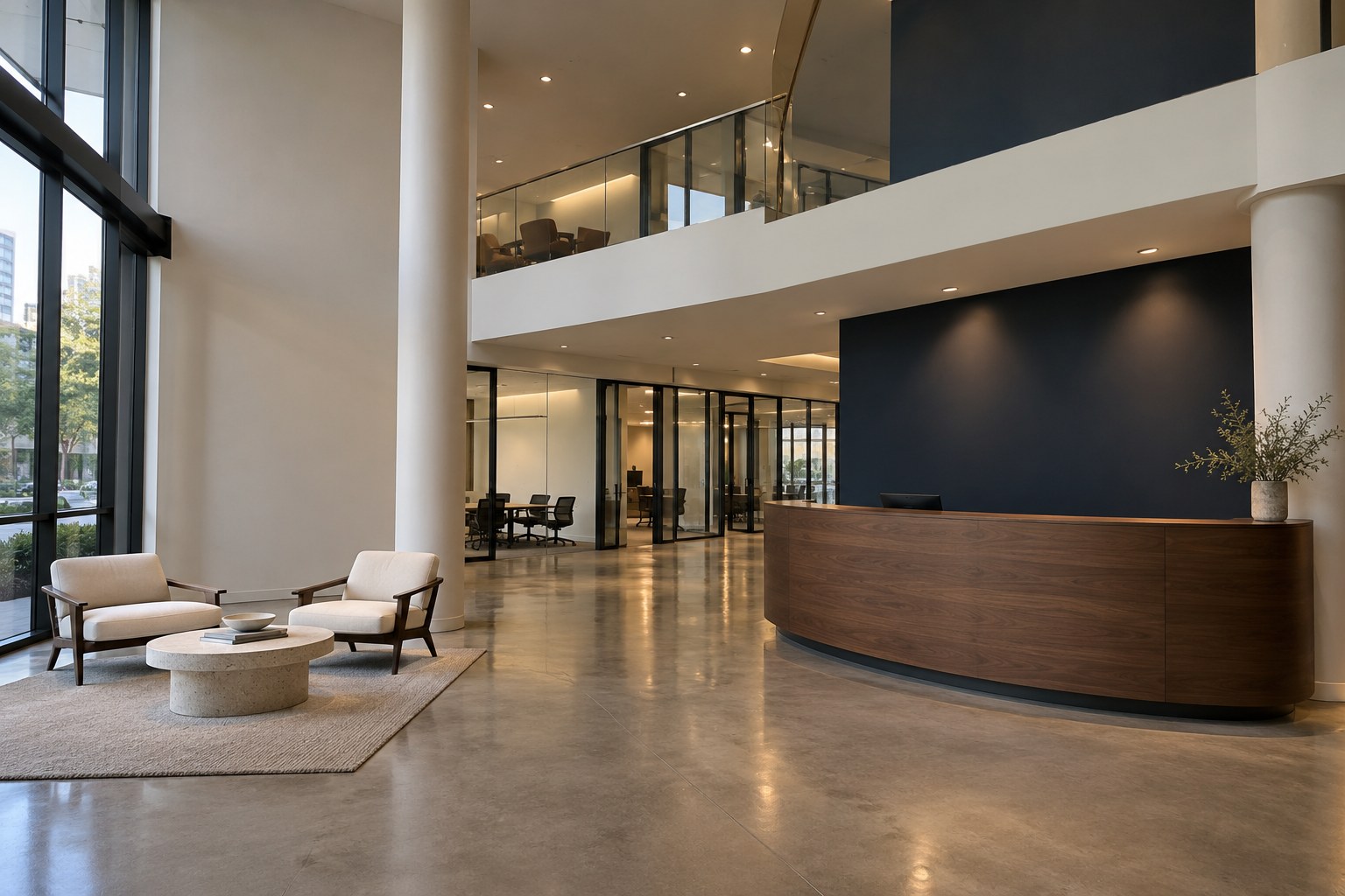 Office lobby with a navy feature wall behind reception