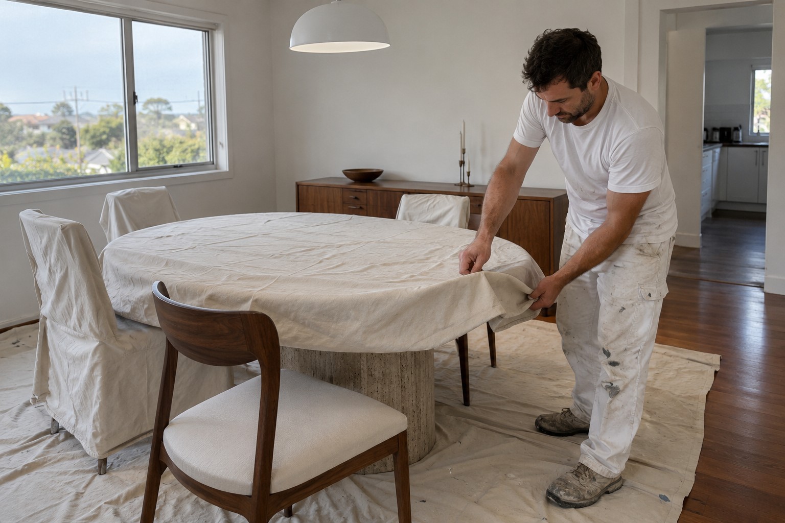 Painter protecting a stone dining table and upholstered walnut chairs