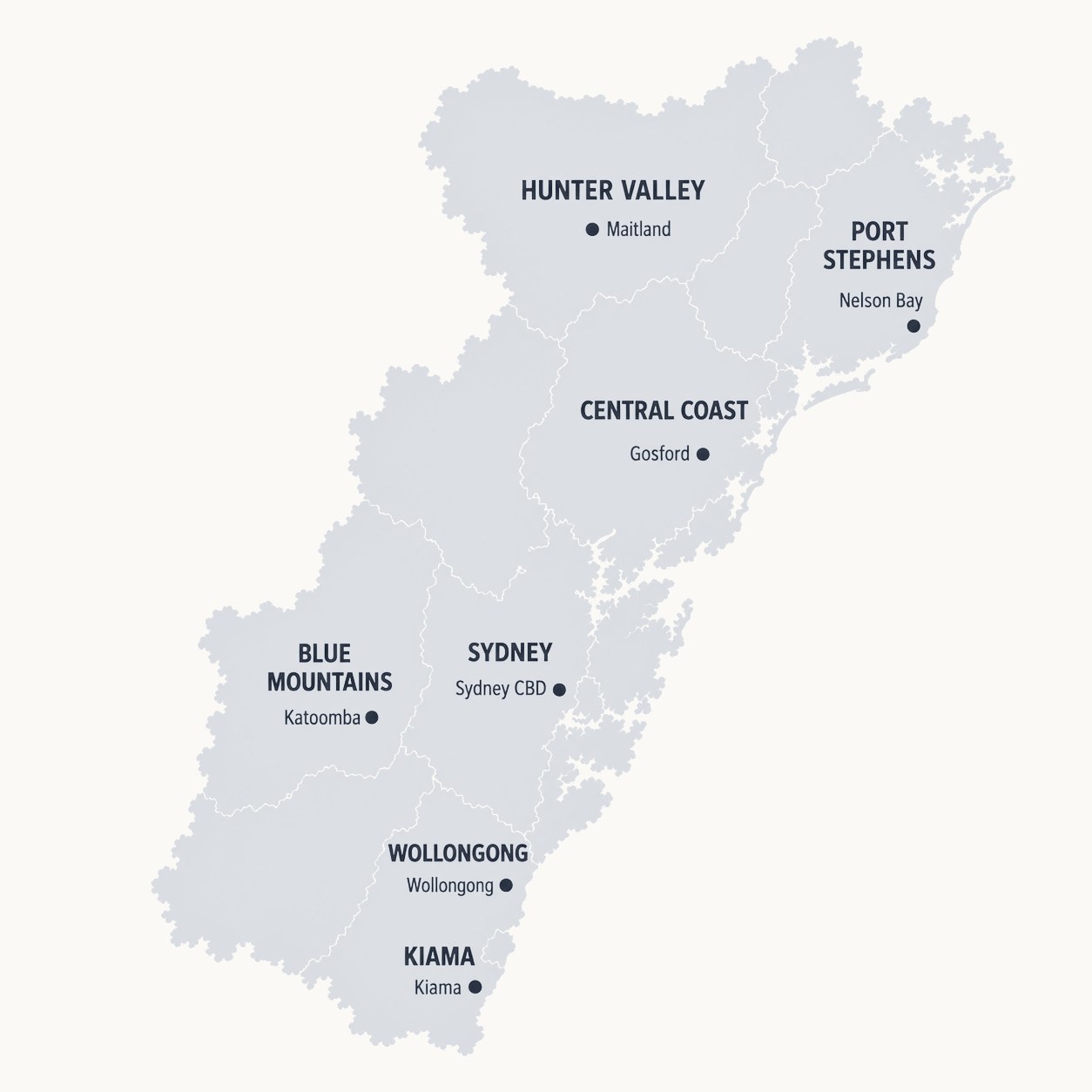 Map of Next Coat service areas: Hunter Valley, Port Stephens, Central Coast, Sydney, Blue Mountains, Wollongong and Kiama