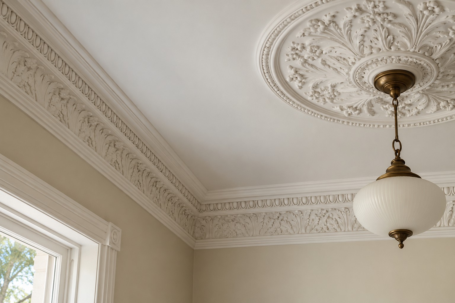 Ornate cornice and ceiling rose
