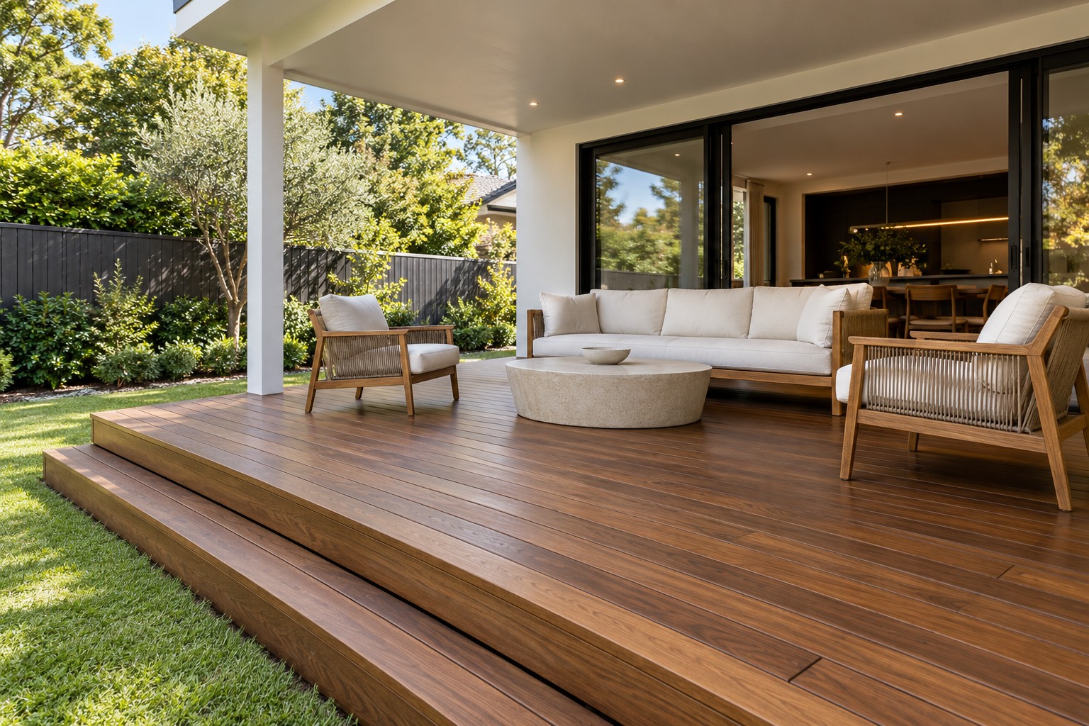 Freshly stained hardwood deck