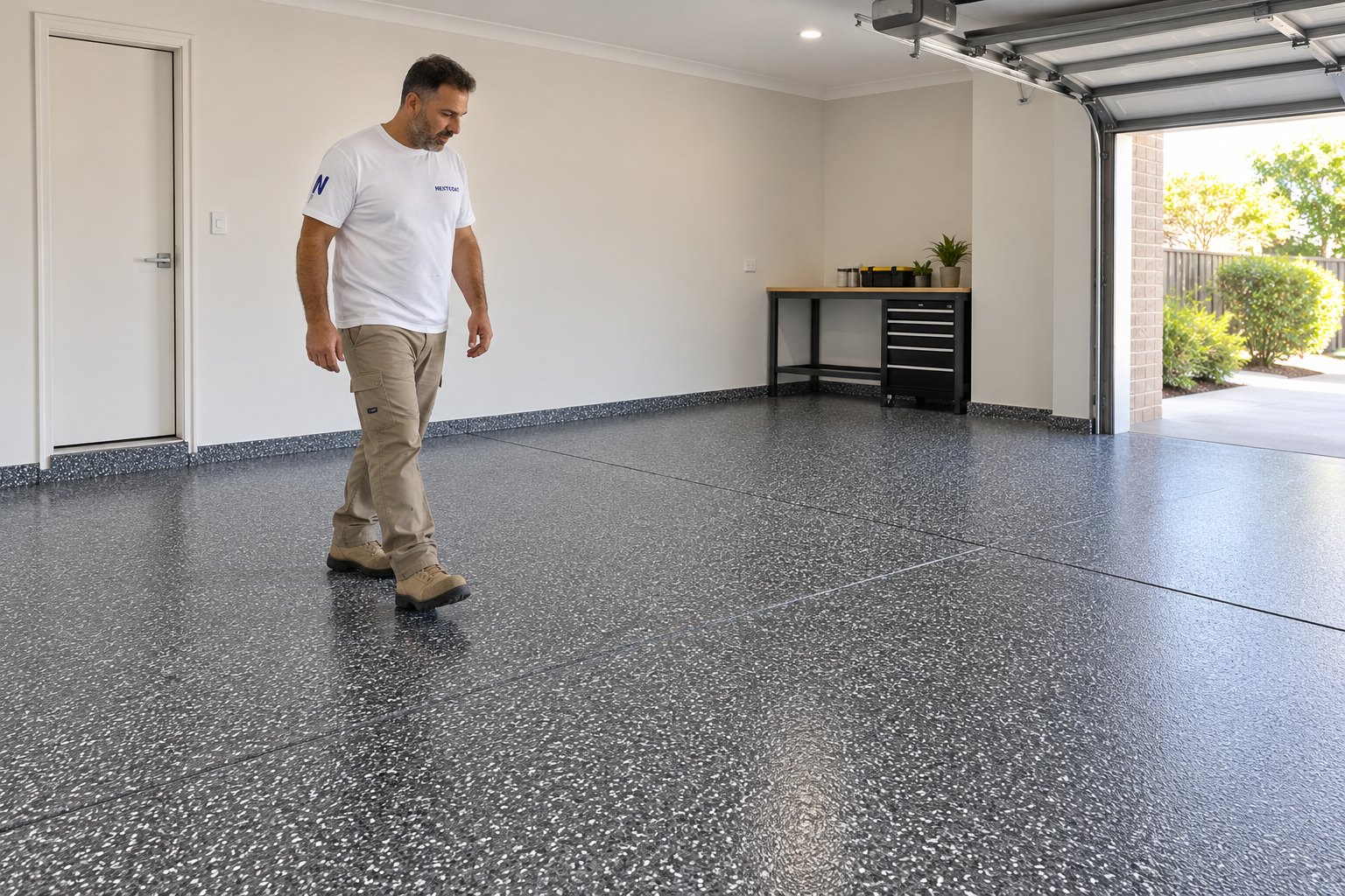 Next Coat team member walking a finished flake epoxy garage floor