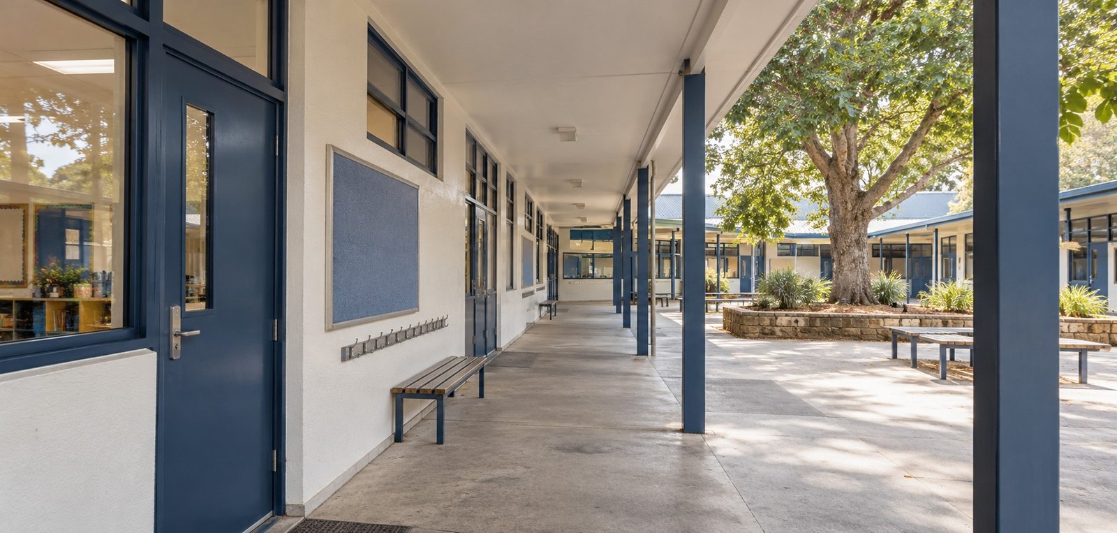 Freshly painted school corridor and courtyard