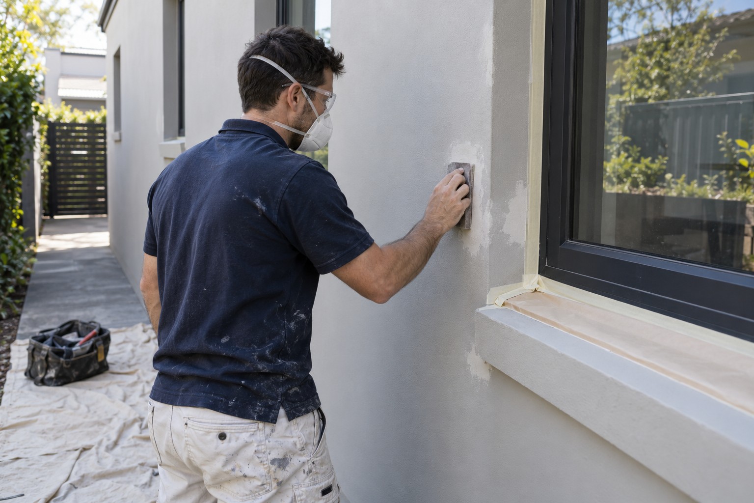 Painter preparing a rendered exterior beside a window