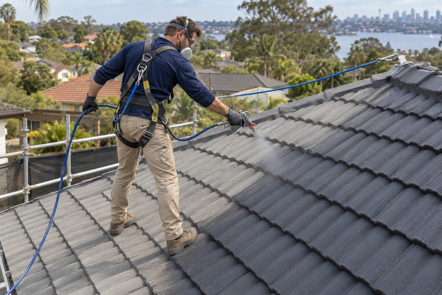 Painter applying roof coating with safety equipment