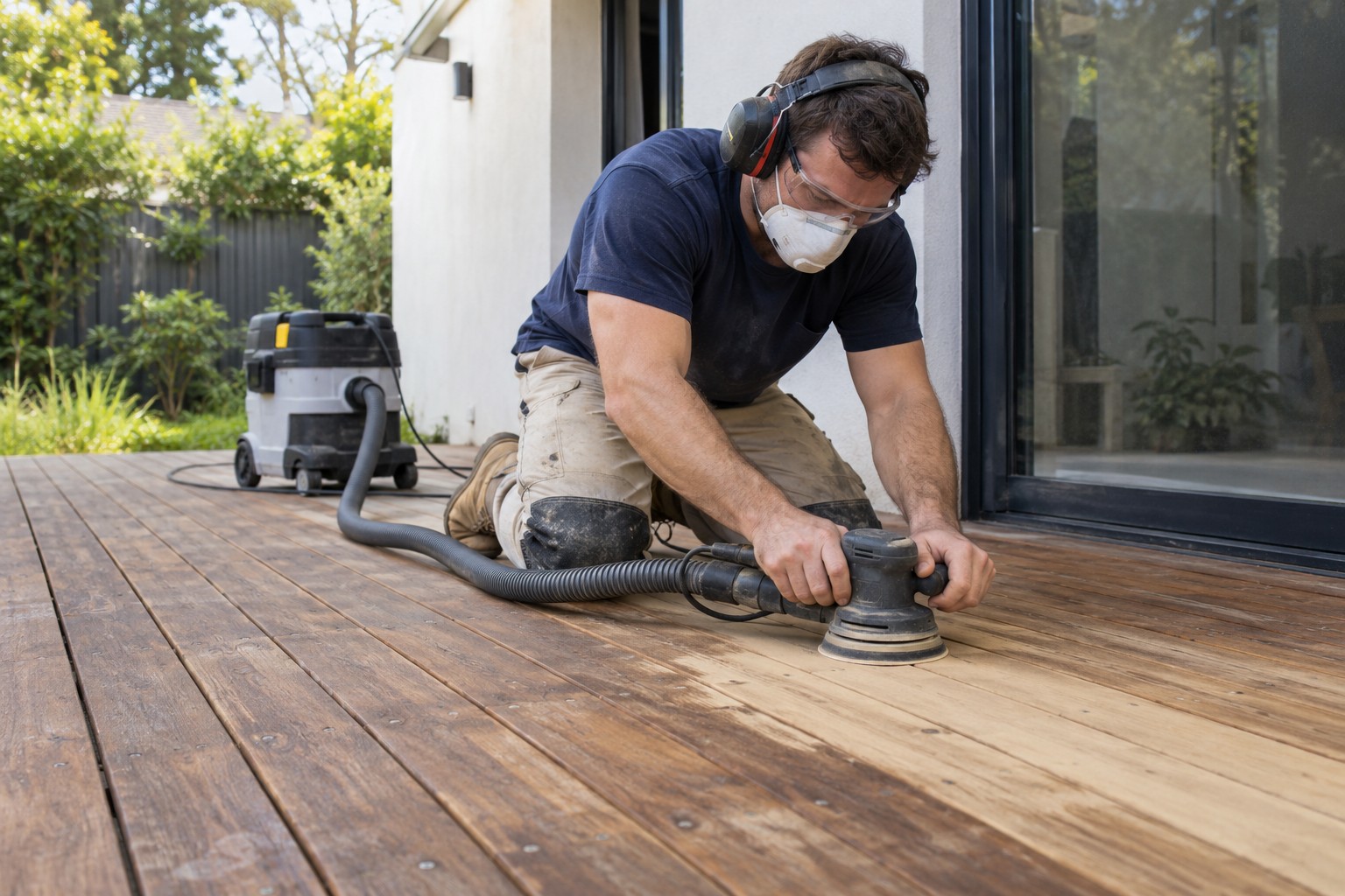 Deck sanding before staining with dust extraction