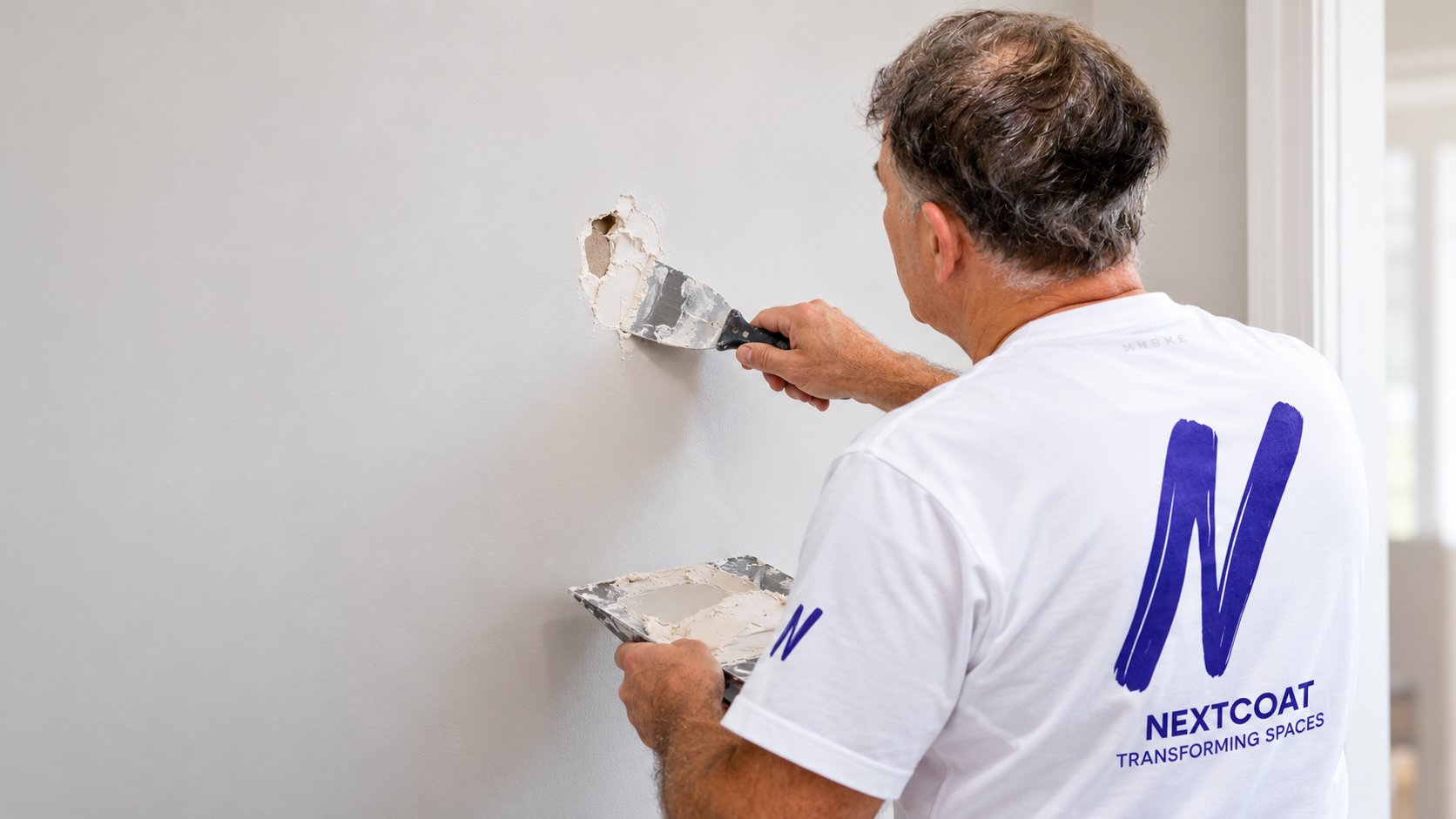 Next Coat painter filling a hole in a plasterboard wall with a scraper