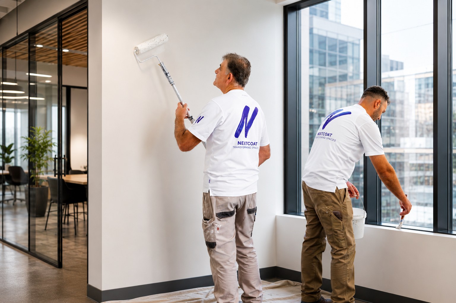 Two Next Coat painters working in a modern Sydney office
