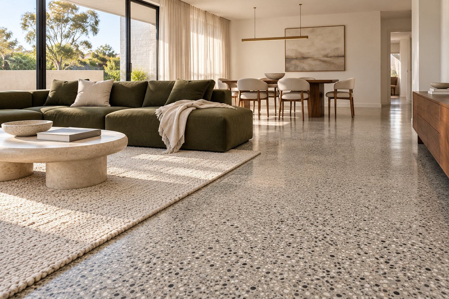 Polished flake epoxy floor in an open-plan living area