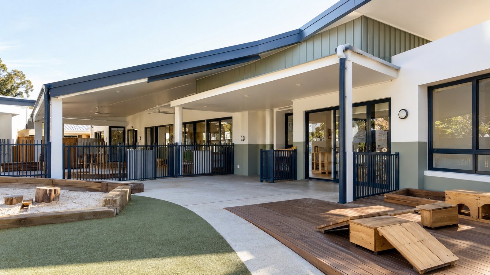 Freshly painted childcare entrance and courtyard