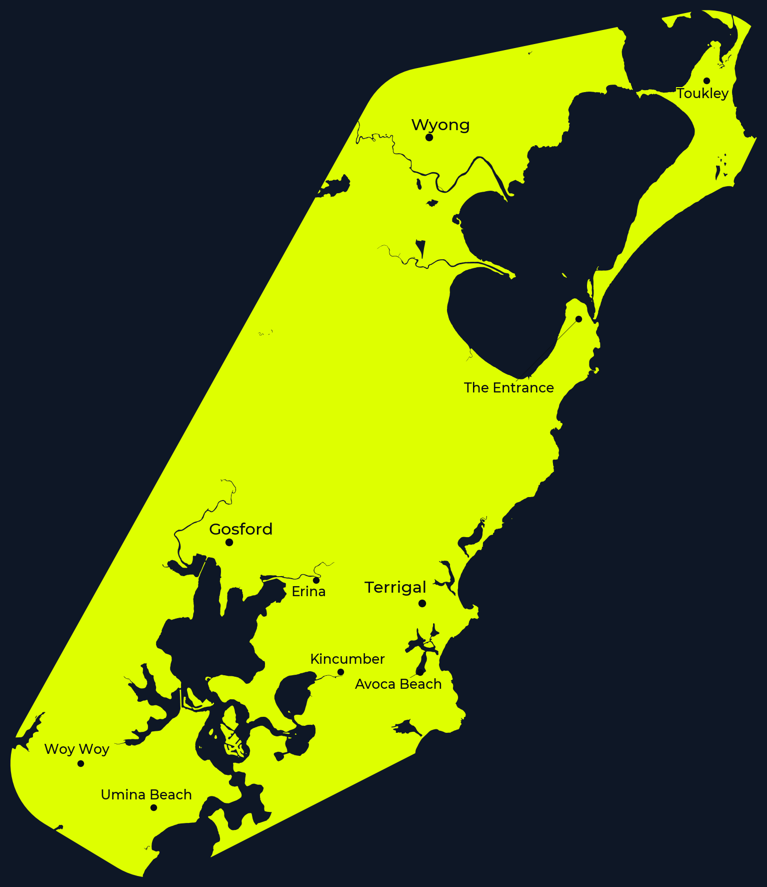 Map of the Central Coast showing Gosford, Terrigal, Woy Woy, Wyong and The Entrance