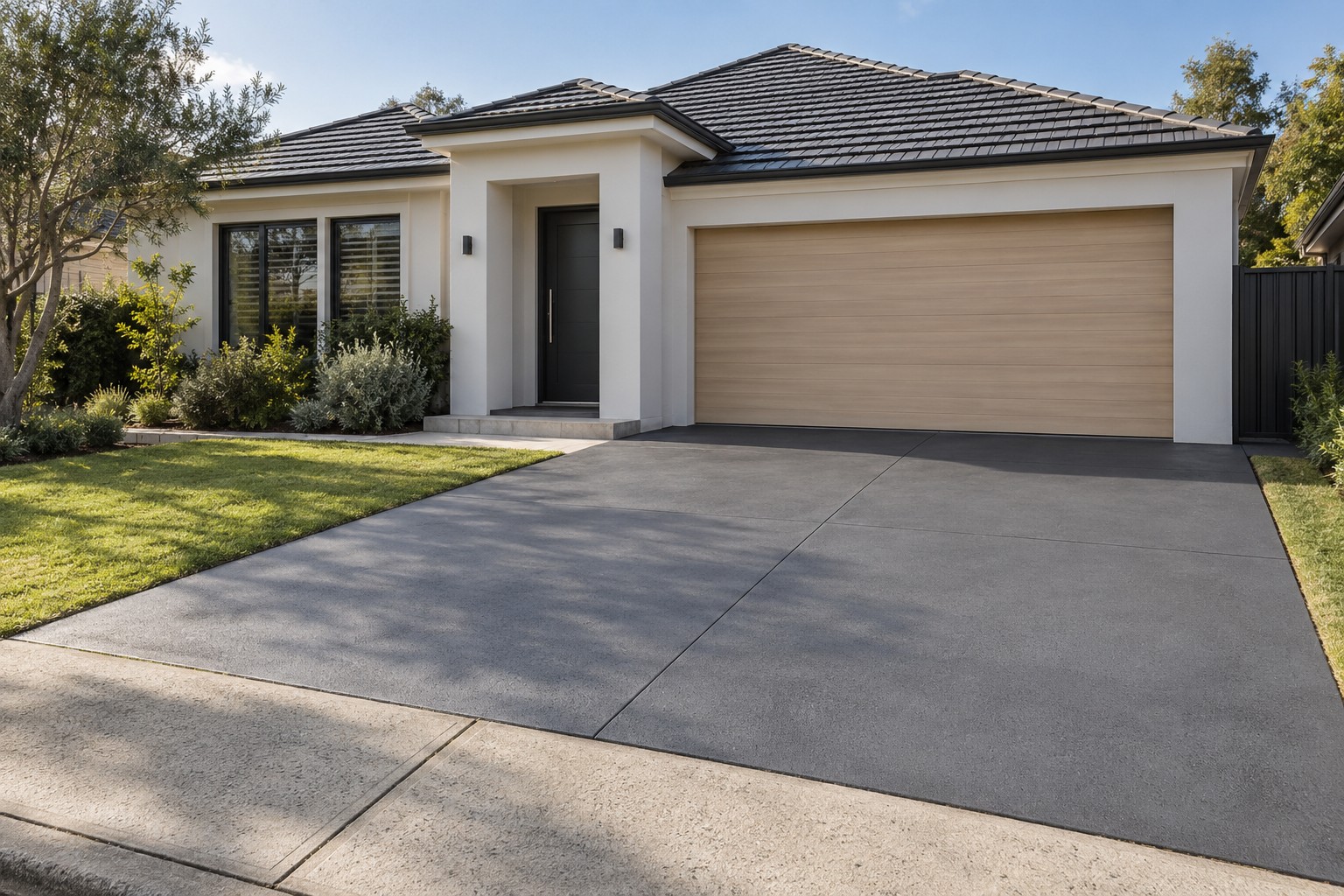 Finished charcoal coated driveway with the home in view