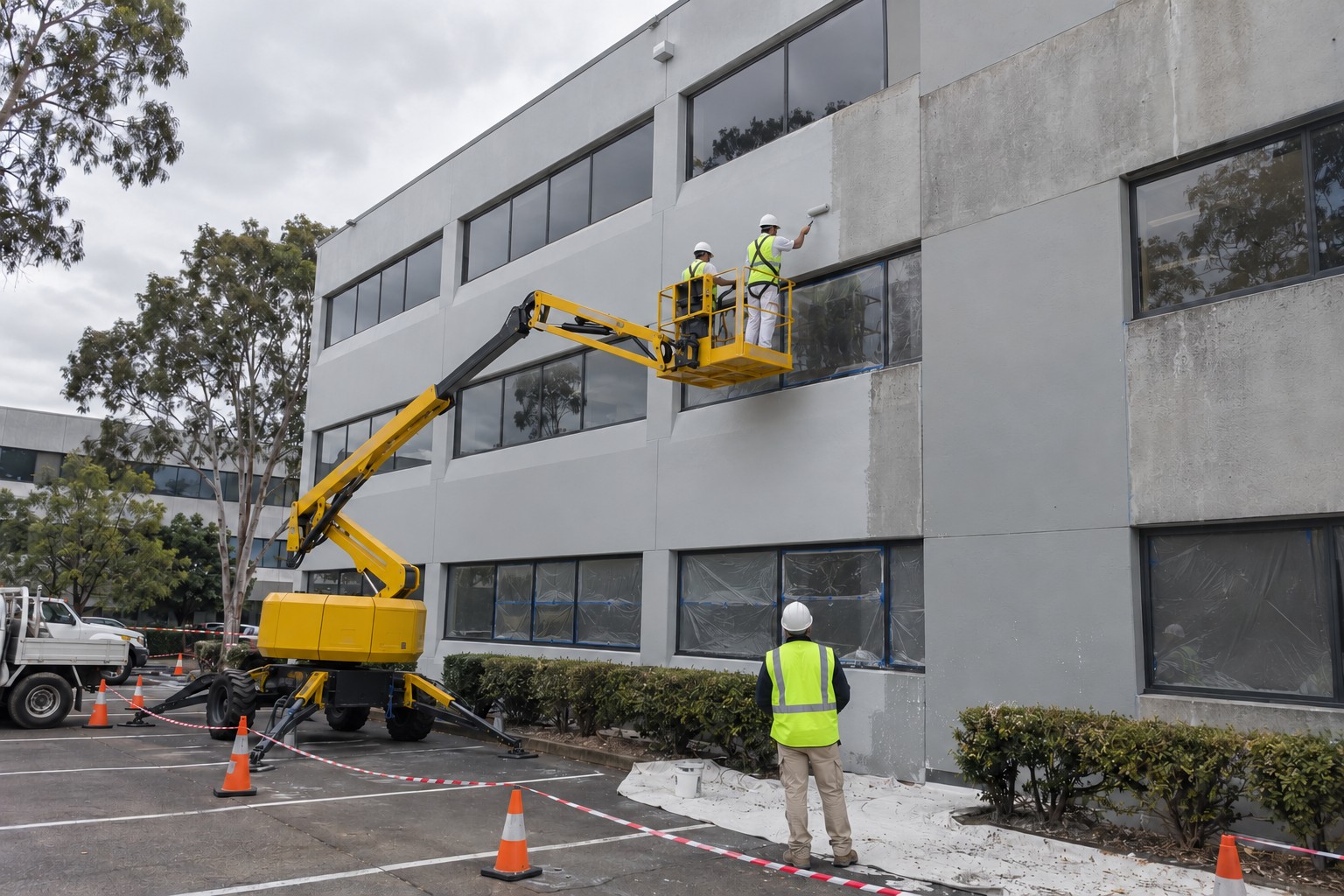 Commercial exterior repaint using a boom lift and safety setup