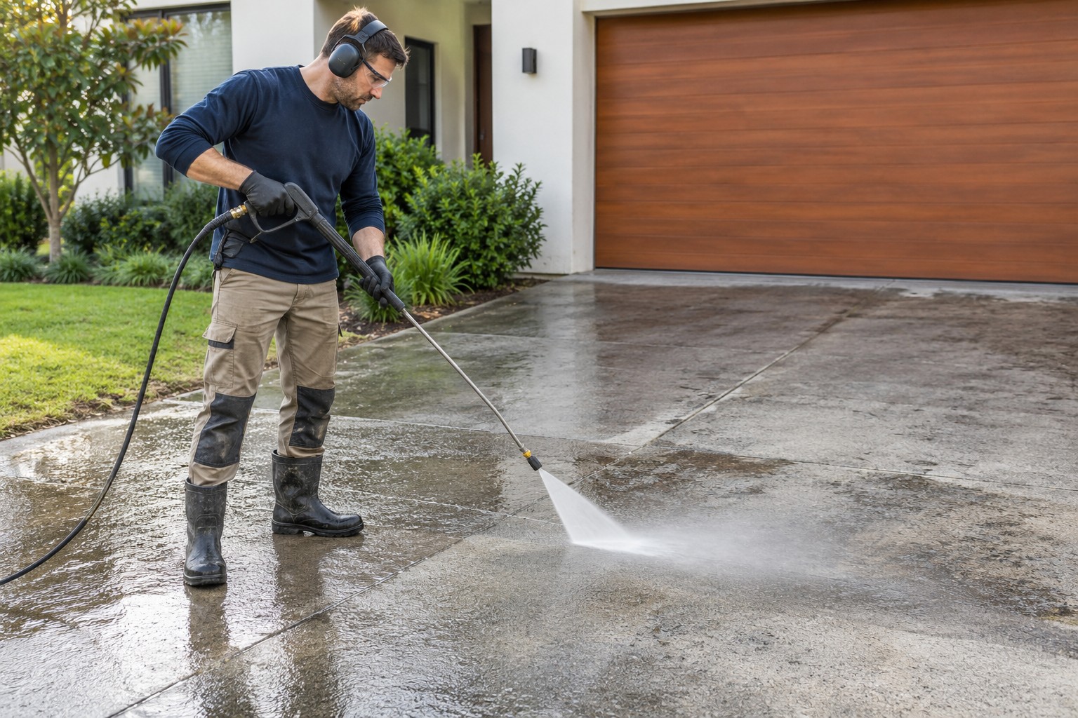 Driveway pressure cleaning before coating