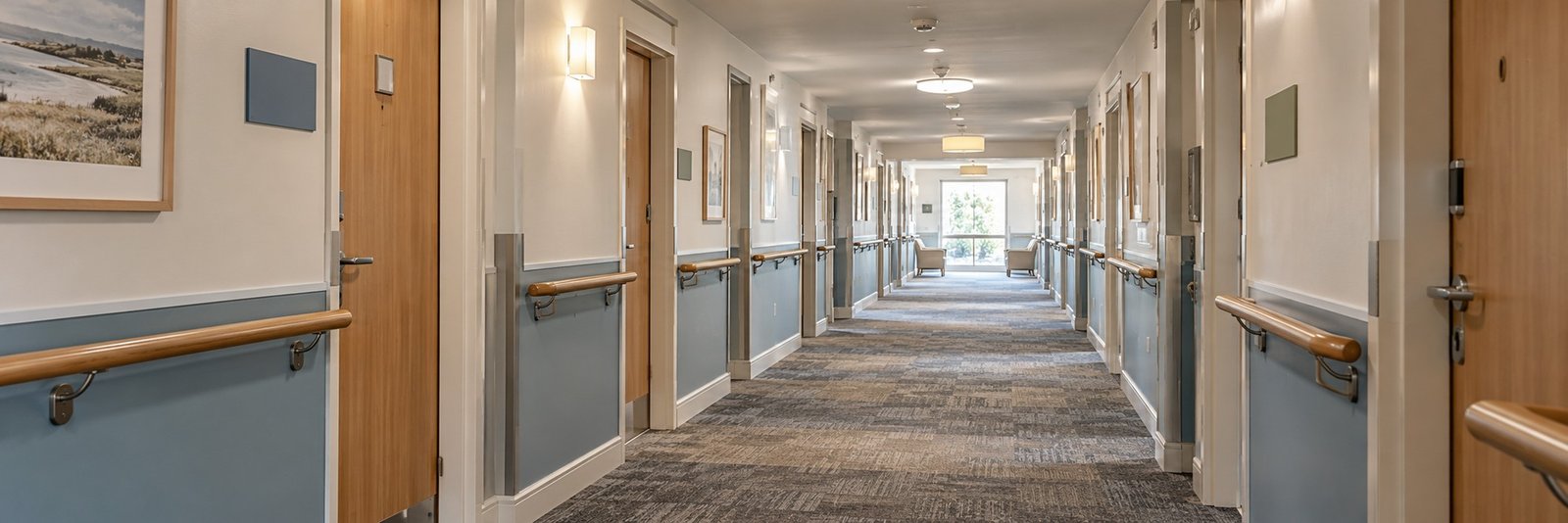 Freshly painted aged care corridor with handrails