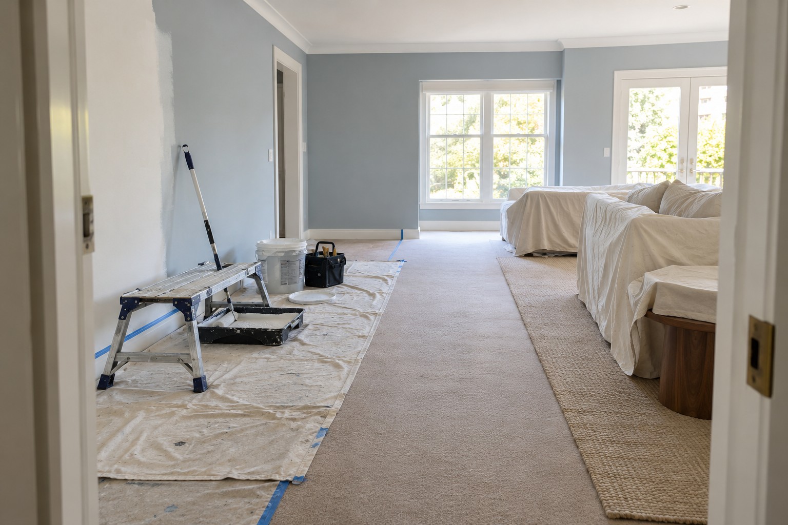 Organised painting worksite with protected furniture and clear walkway