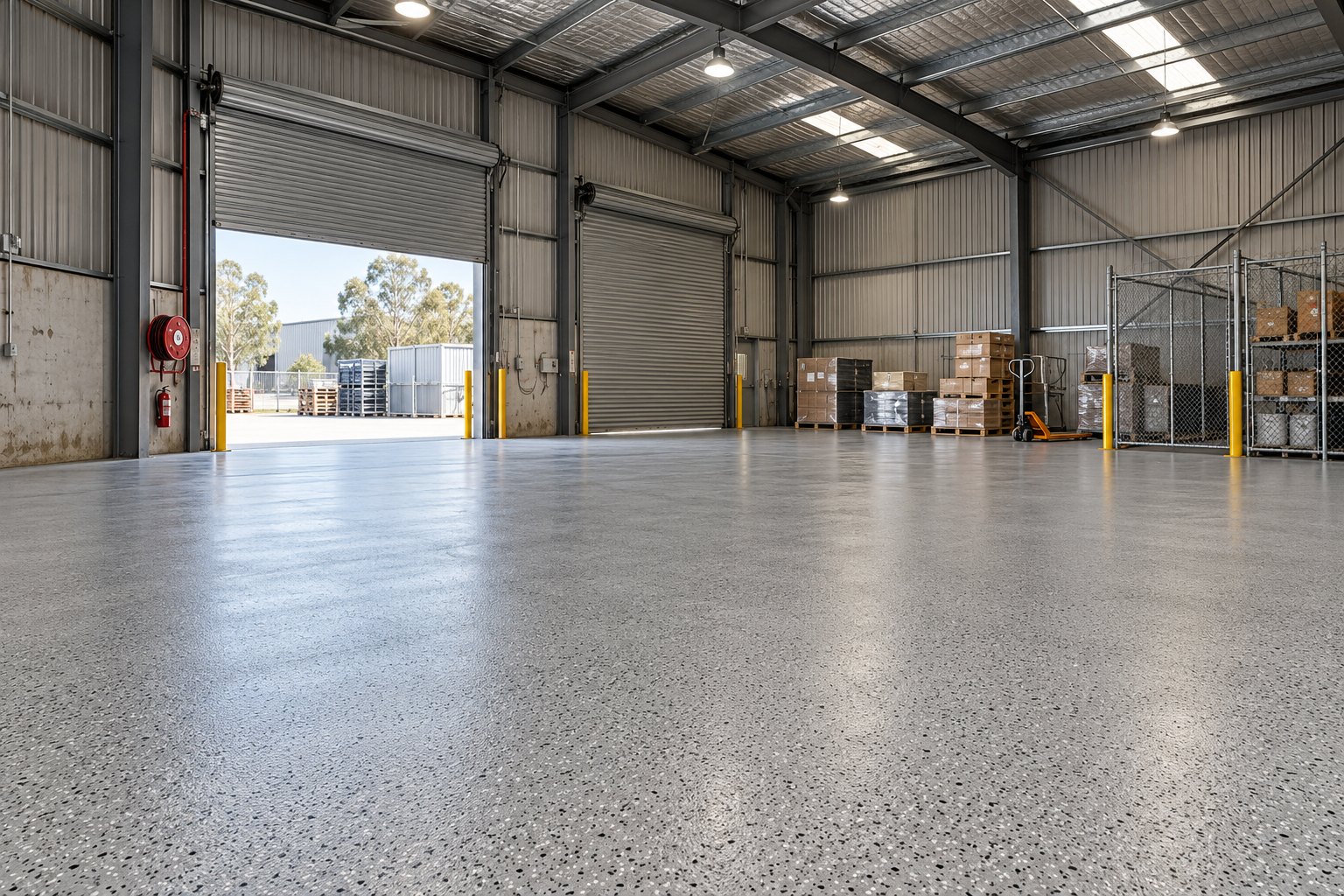 Seamless flake epoxy floor across a warehouse