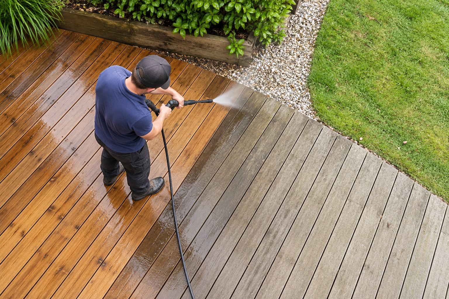 Timber deck being pressure cleaned, showing the clean and weathered boards