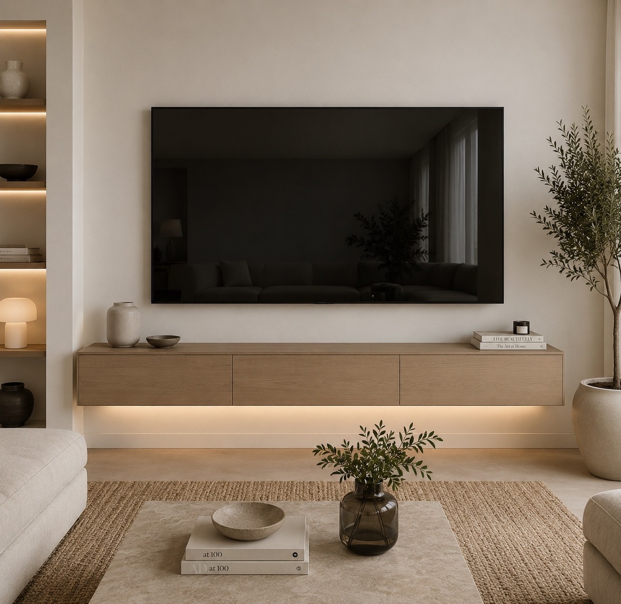 Wall-mounted television in a finished living room