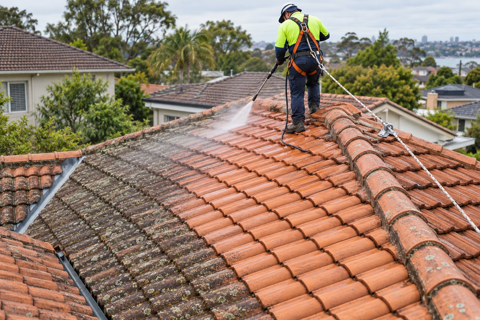 Roof being pressure cleaned with a safety harness and anchor line in place