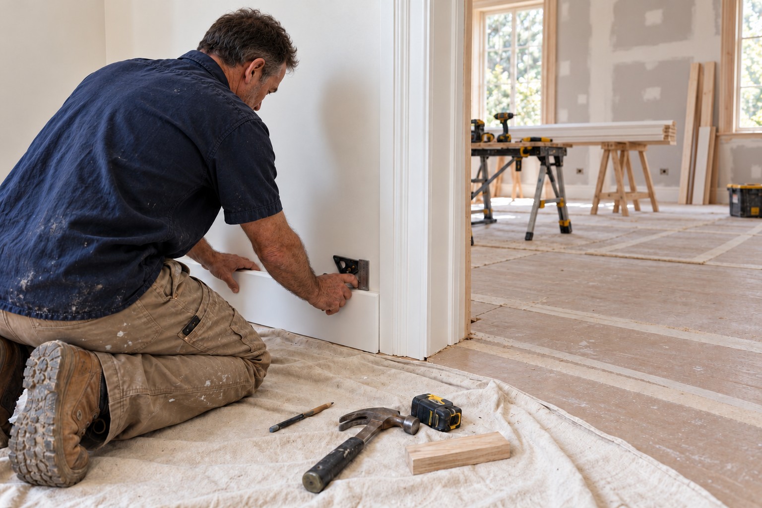 Carpenter fitting new skirting boards during a renovation