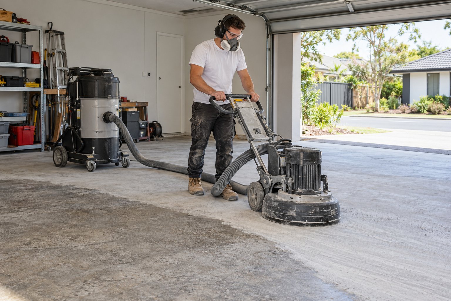 Next Coat team member grinding a concrete garage floor before epoxy