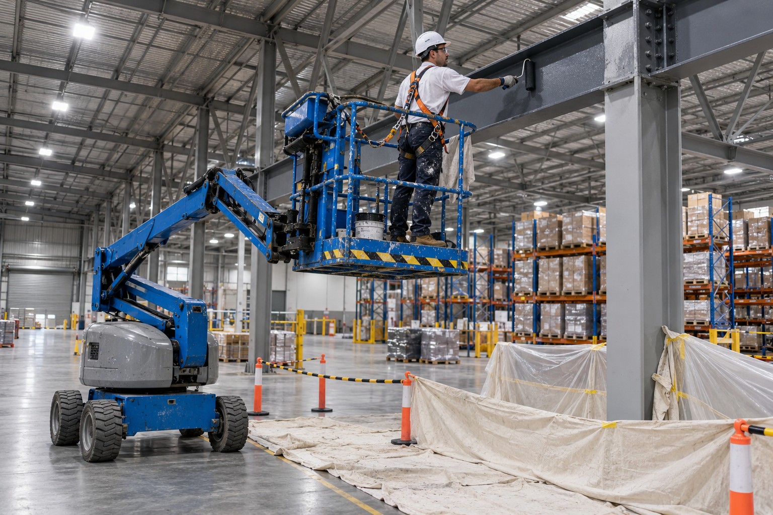 Steelwork coating from a boom lift
