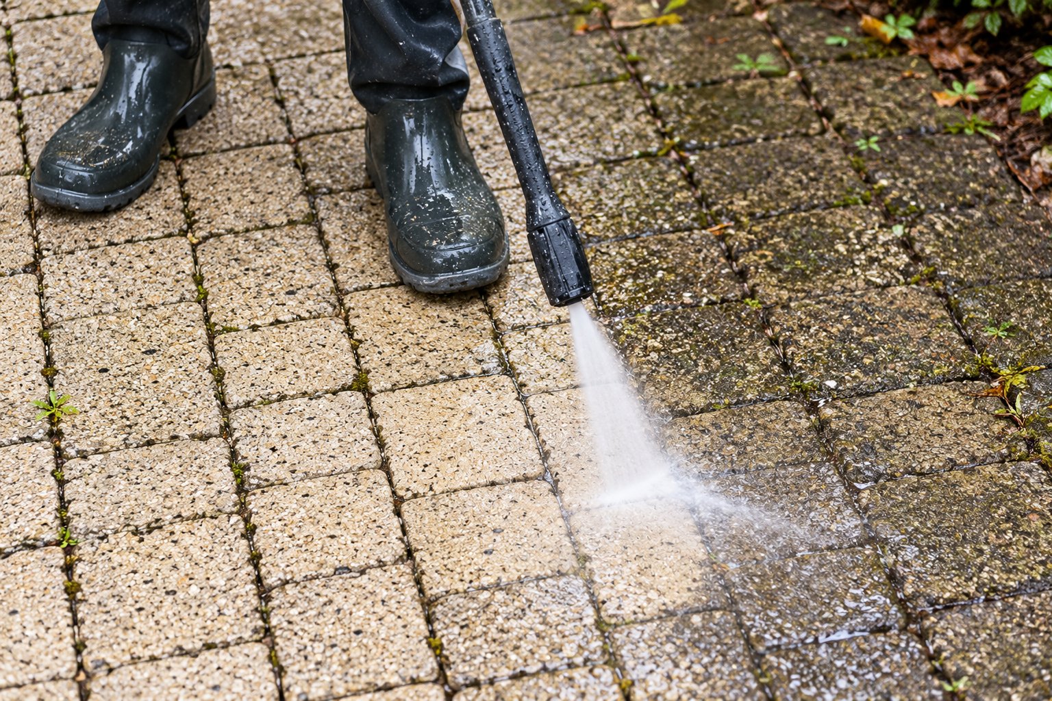Pressure cleaning moss and grime from concrete pavers