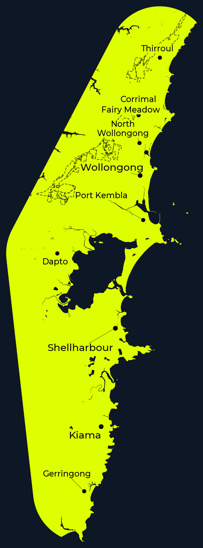 Map of Wollongong and the Illawarra showing Thirroul, Wollongong, Port Kembla, Shellharbour and Kiama