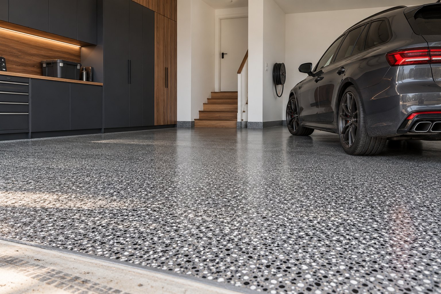 Finished flake epoxy garage floor with cabinetry and car