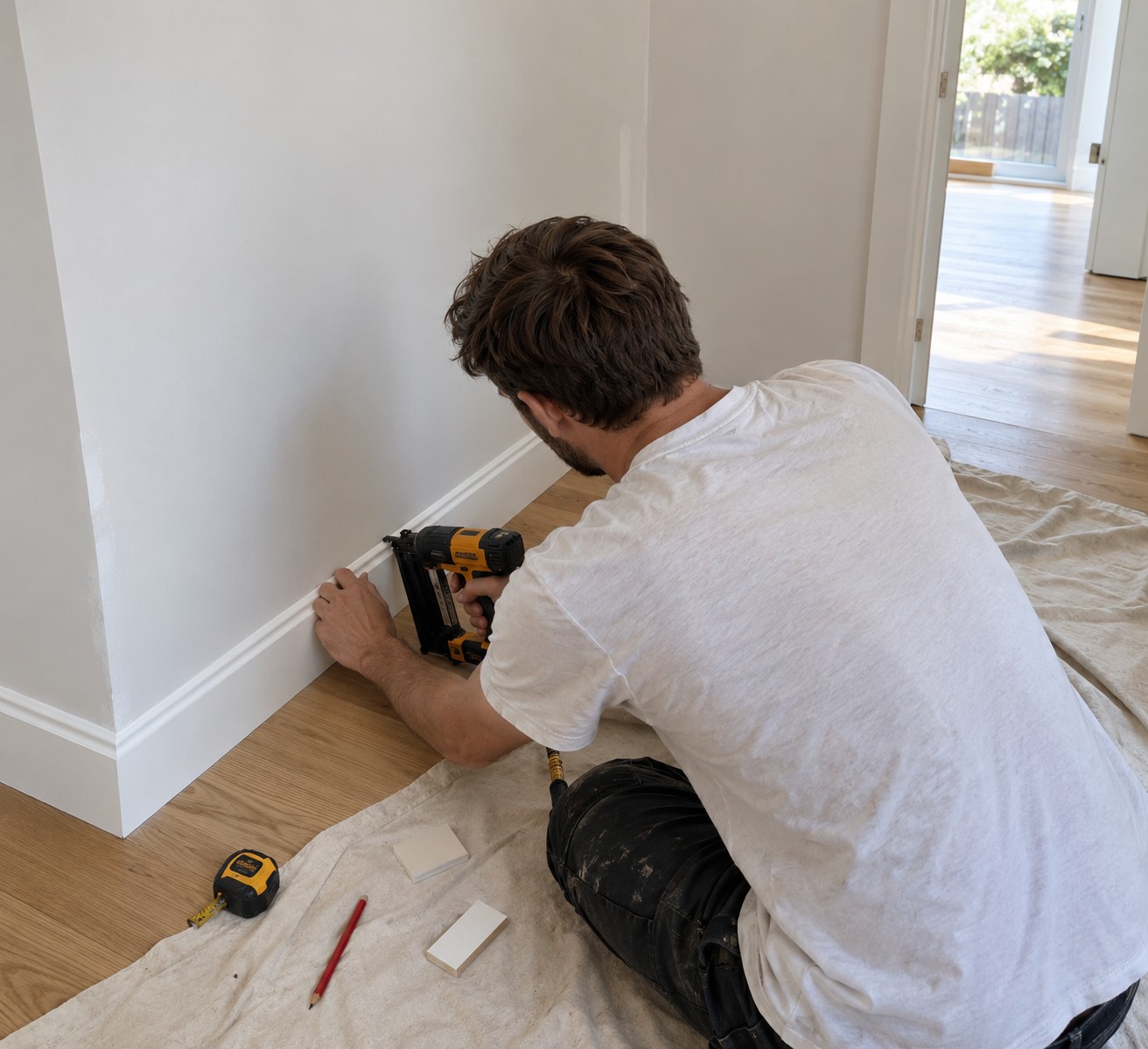 Carpenter fitting new skirting in a prepared room