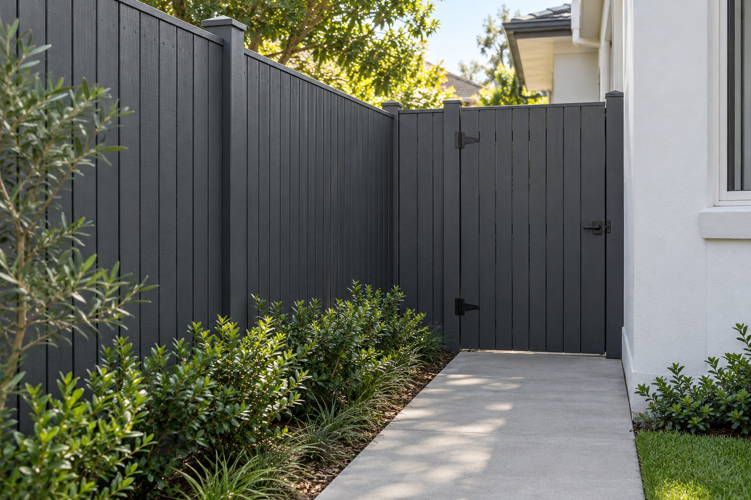 Freshly painted charcoal timber fence and gate