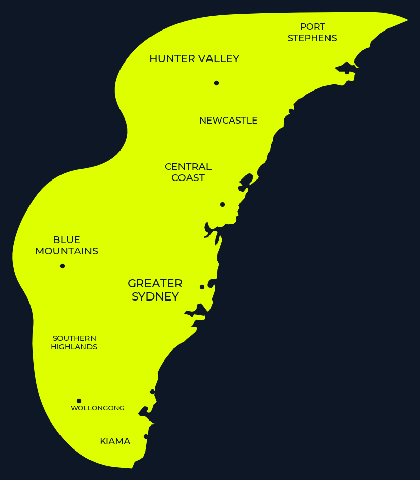 Map of the areas Next Coat serves: Greater Sydney, Wollongong and Kiama, the Central Coast, Newcastle, Port Stephens and the Hunter Valley