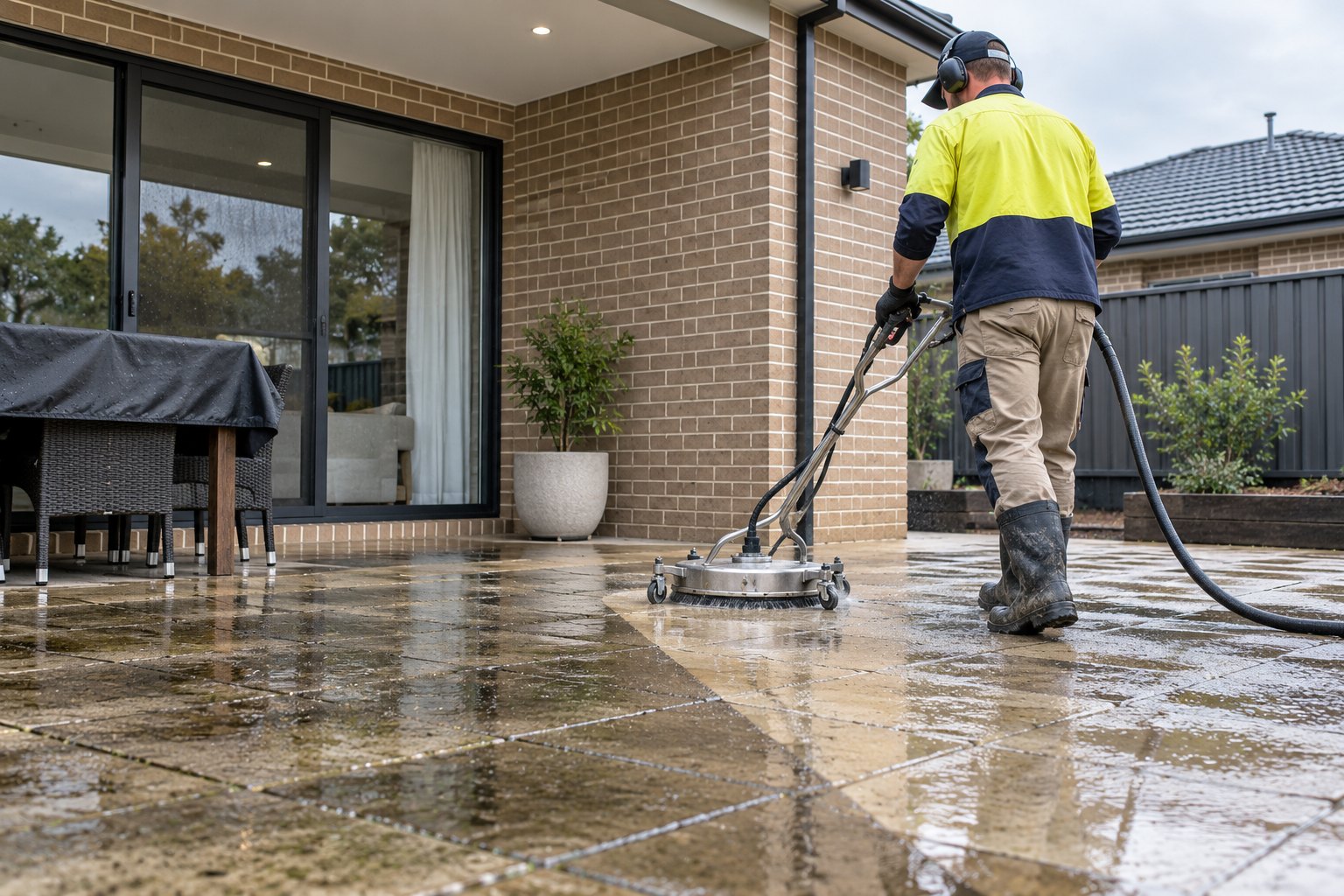 Pressure cleaning a paved backyard patio with a surface cleaner