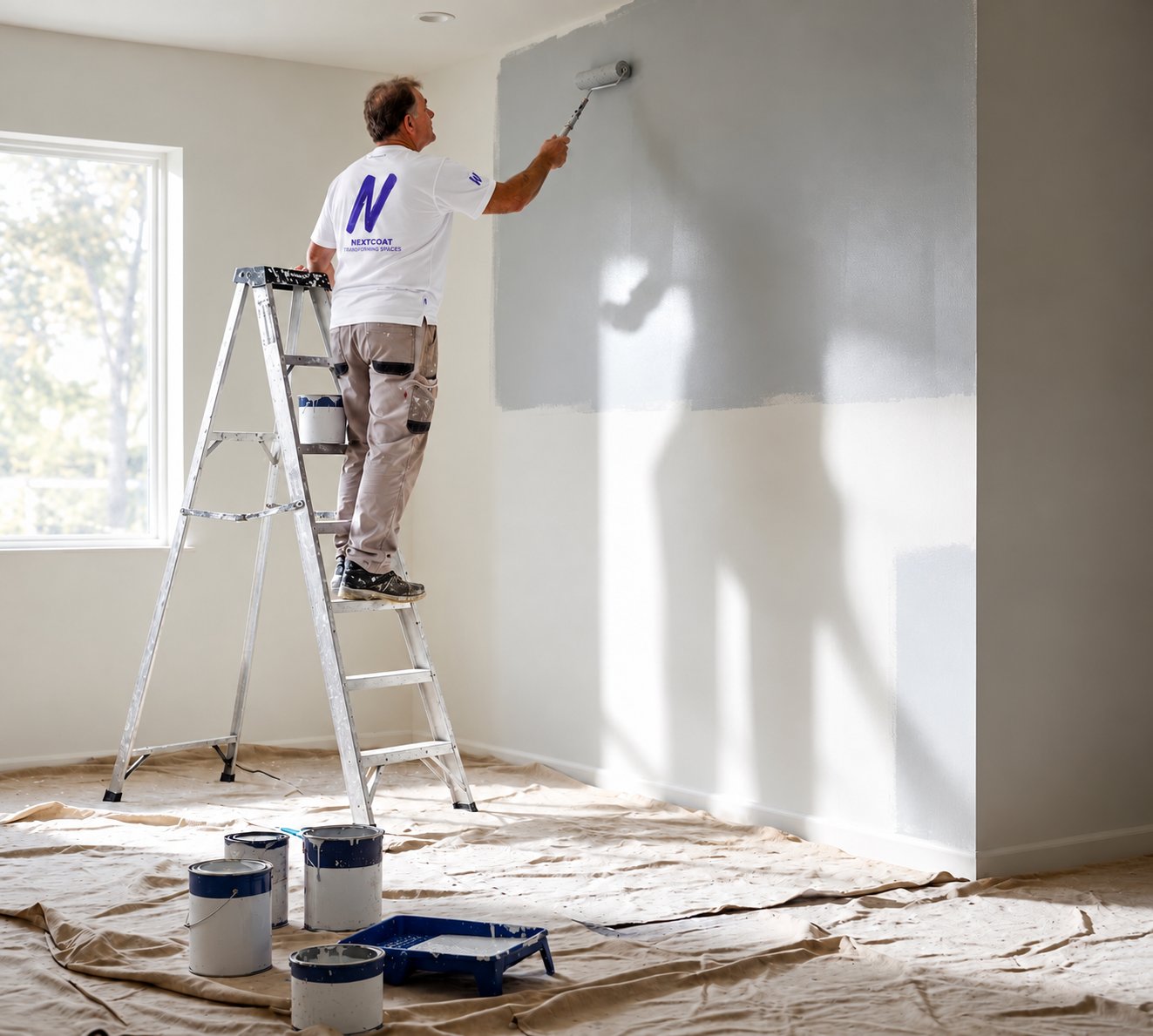 Next Coat painter rolling a grey feature wall on a ladder